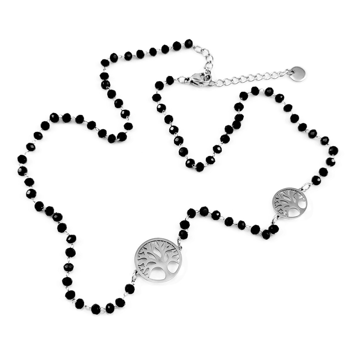 Kristallen Ketting Dames - RVS Levensboom Symbool - Zwarte Choker