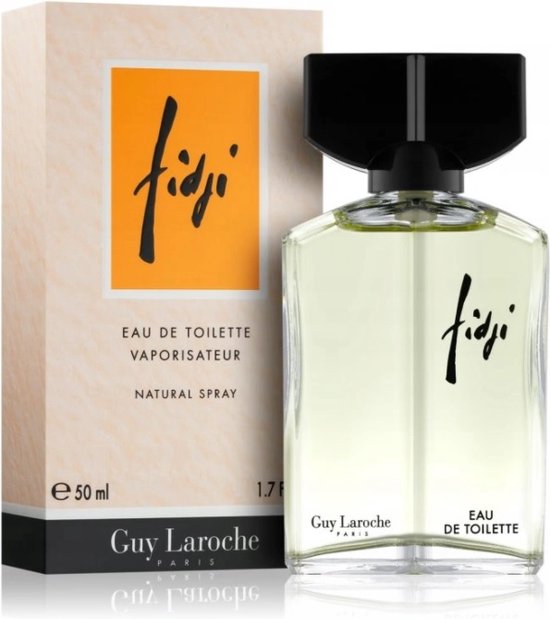 Fidji Eau de Toilette 50 ml flacon met zwarte dop en bijpassende doos.