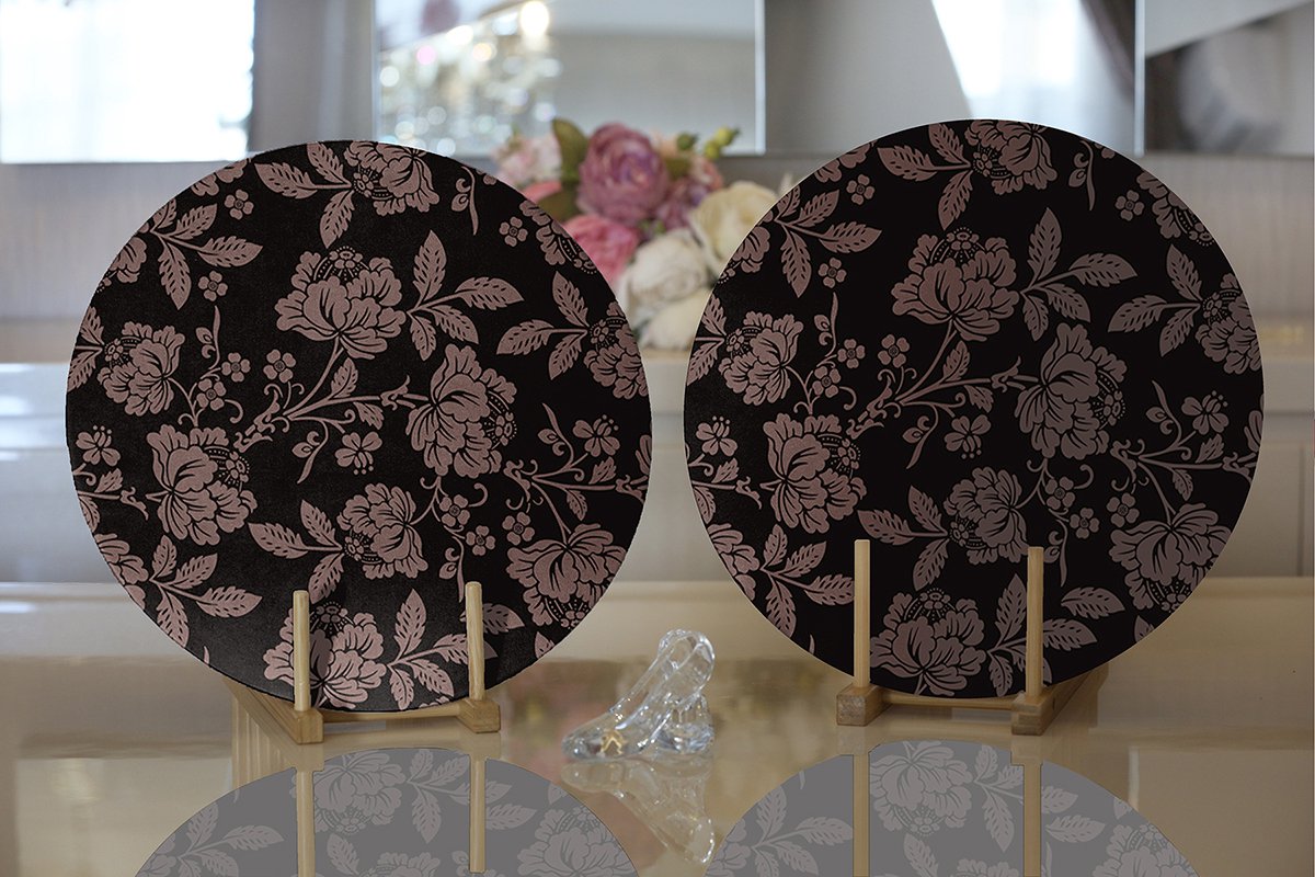 Placemat -Velvet textile met hout - Bruine bloemen op zwart - 2 stuks - 33 cm - Onderlegger