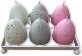 Kaarsen in de vorm van een ei | Set van 6 | Roze | Wit | Grijs | Stippen | H: 7 CM | B: 5 CM | Kaars | Theelichtje | Eierkaarsen | Decoratie | Versiering