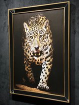 Schilderij 3D 'Leopard' op doek 80x110 - Houten lijst met spiegel bewerking, reliëf effect, handgemaakte effecten