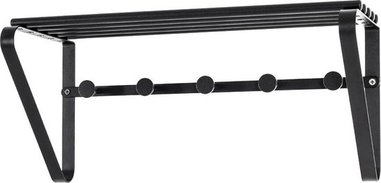 Wandkapstok - Zwaar poedercoated zwart rondstaal - Hoedenplank - 5 Haaks - 45 x 18 x 20 cm