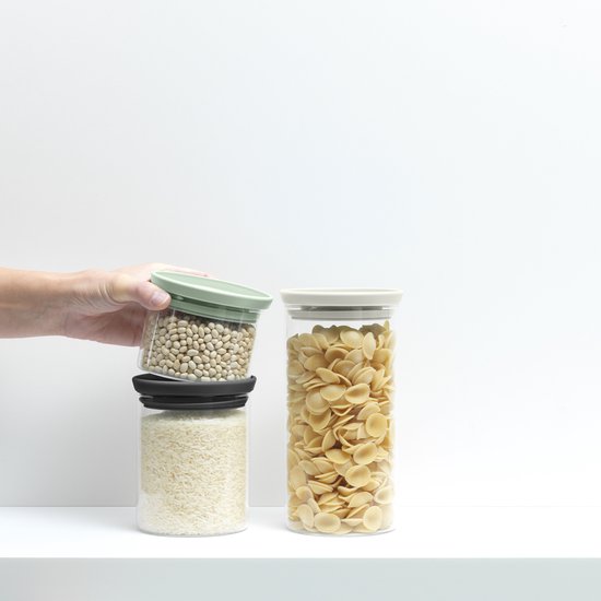 Brabantia Bocaux en verre empilables, set de 0,3 - 0,6 - 1,1 litre - Light Grey, Dark Grey en Jade Green