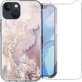 Hoesje voor iPhone 13 - Siliconen Shock Proof Case Back Cover Hoes Marmer Roze + Screenprotector Gehard Glas Screen Protector