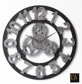LW Collection Wandklok grijs zwart 40cm - Houten landelijke klok met tandwielen - Industriële wandklok stil uurwerk