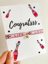 Wenskaart met sieraad - Congrats gefeliciteerd kaartje - Verstelbaar armbandje roze Love life ster goud - Verkleurt niet - In cadeauverpakking - Snel in huis