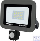 Braytron LED Buitenlamp Schijnwerper Breedstraler Floodlight- Met Bewegingssensor ,Met Dag en Nacht Sensor- Grijs  - Waterdicht IP65- 20W -6500K Koel wit licht