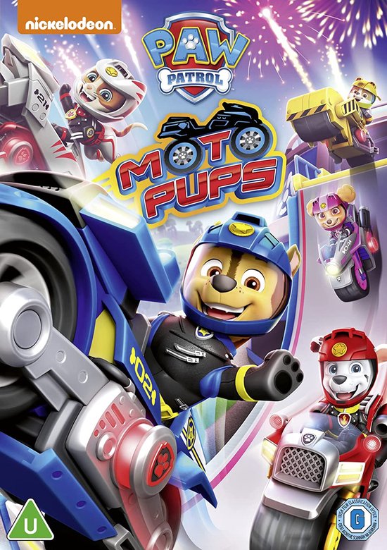 PAW Patrol: Moto Pups dvd cover met Chase op een motorfiets, omringd door andere pups en vuurwerk.