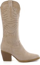 SmileFavorites® Dames Cowboylaarzen met Hak - Suedine - Beige - Maat 37