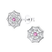 Joy|S - Zilveren spinnenweb oorbellen - roze kristal - 9 mm