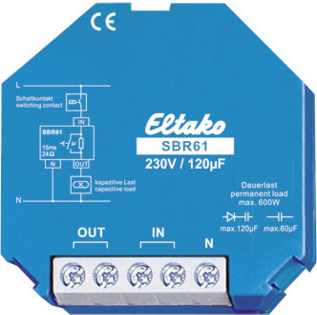 Eltako 61100330 Stroombegrenzing relais capacitief 230 V/120 microfarad. 1 NO-contact 10 A/250 VAC Blauw