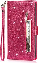 Glitter Bookcase voor Samsung Galaxy S22 Ultra | Hoogwaardig PU Leren Hoesje | Lederen Wallet Case | Telefoonhoesje | Pasjeshouder | Portemonnee | Roze