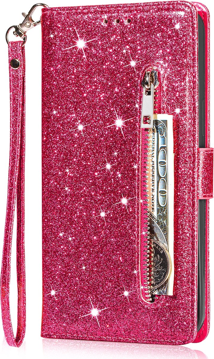 Glitter Bookcase geschikt voor Samsung Galaxy S22 Ultra | Hoogwaardig PU Leren Hoesje | Lederen Wallet Case | Telefoonhoesje | Pasjeshouder | Portemonnee | Roze
