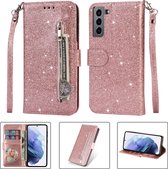Glitter Bookcase voor Samsung Galaxy S22 Plus | Hoogwaardig PU Leren Hoesje | Lederen Wallet Case | Telefoonhoesje | Pasjeshouder | Portemonnee | Roze Goud
