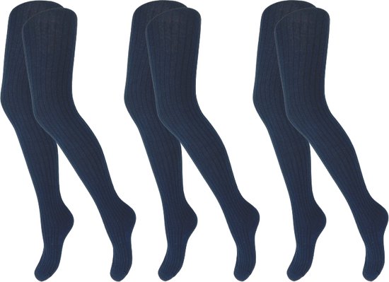 Lot de 3 Collants - Filles - Côtes - Bleu foncé - Taille 98/104