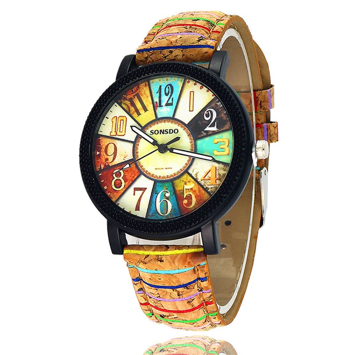 Dameshorloge Geneva Roulette Style – Multikleur wijzerplaat – kunstlederen band – Analoge Quartz
