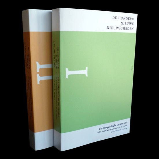 Twee boeken, een groene en een oranje omslag, met de titel 'De honderd nieuwe nieuwigheden – De Bourgondische Decamerone'.