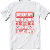 Gamers don't die pixel T-shirt | Neon Rood | Gaming kleding | Grappig game verjaardag cadeau shirt Heren – Dames – Unisex | - Wit - 3XL