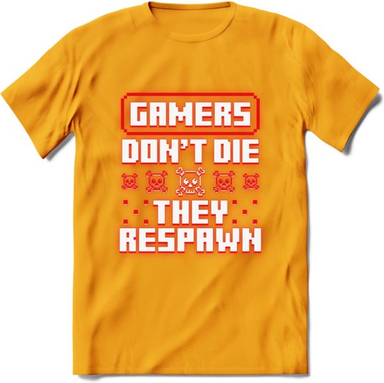 Gamers don't die pixel T-shirt | Neon Rood | Gaming kleding | Grappig game verjaardag cadeau shirt Heren – Dames – Unisex | - Geel - XXL