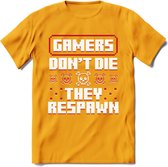 Gamers don't die pixel T-shirt | Rood | Gaming kleding | Grappig game verjaardag cadeau shirt Heren – Dames – Unisex | - Geel - S