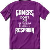 Gamers don't die T-shirt | Paars | Gaming kleding | Grappig game verjaardag cadeau shirt Heren – Dames – Unisex | - Paars - XXL