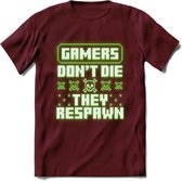 Gamers don't die pixel T-shirt | Neon Groen | Gaming kleding | Grappig game verjaardag cadeau shirt Heren – Dames – Unisex | - Burgundy - XXL