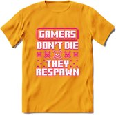 Gamers don't die pixel T-shirt | Neon Roze | Gaming kleding | Grappig game verjaardag cadeau shirt Heren – Dames – Unisex | - Geel - XXL