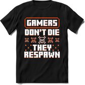 Gamers don't die pixel T-shirt | Oranje | Gaming kleding | Grappig game verjaardag cadeau shirt Heren – Dames – Unisex | - Zwart - 3XL