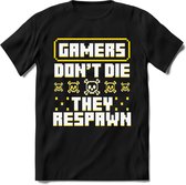 Gamers don't die pixel T-shirt | Geel | Gaming kleding | Grappig game verjaardag cadeau shirt Heren – Dames – Unisex | - Zwart - 3XL
