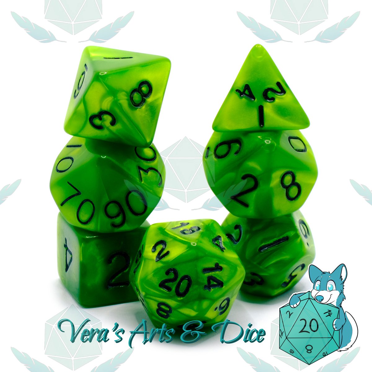 Polyset Dice | Dobbelstenen - Set Van 7 Stuks - Groen Geel Marmer Parelmoer Zwart | Voor D&D en Andere Rollenspellen | Plastic Dobbelstenen Set voor Dungeons and Dragons | Polyhedral Dice Set | Met Mooie Zwarte Velvet Dice Bag voor Ongeveer 3 Sets