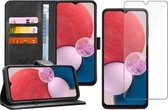 Hoesje geschikt voor Samsung Galaxy A13 4G - Book Case Leer Wallet Cover Portemonnee Pasjeshouder Hoes Zwart - Tempered Glass Screenprotector
