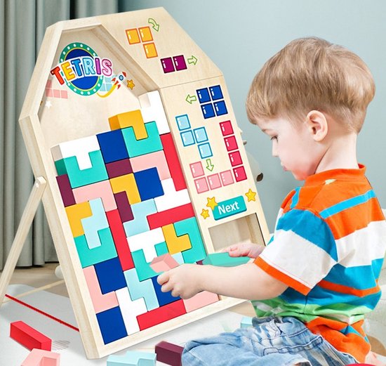 Thumbnail van een extra afbeelding van het spel 3-in-1 IQ Spel - Extra Grote Verdikte 3D Tetris - Montessori Speelgoed Tangram Vormen Puzzel - Houten Speelgoed Tetris Spel - Educatief Puzzel voor Ruimtelijk Inzicht - Cube & Square Board Game - Educatief - Multiplayer