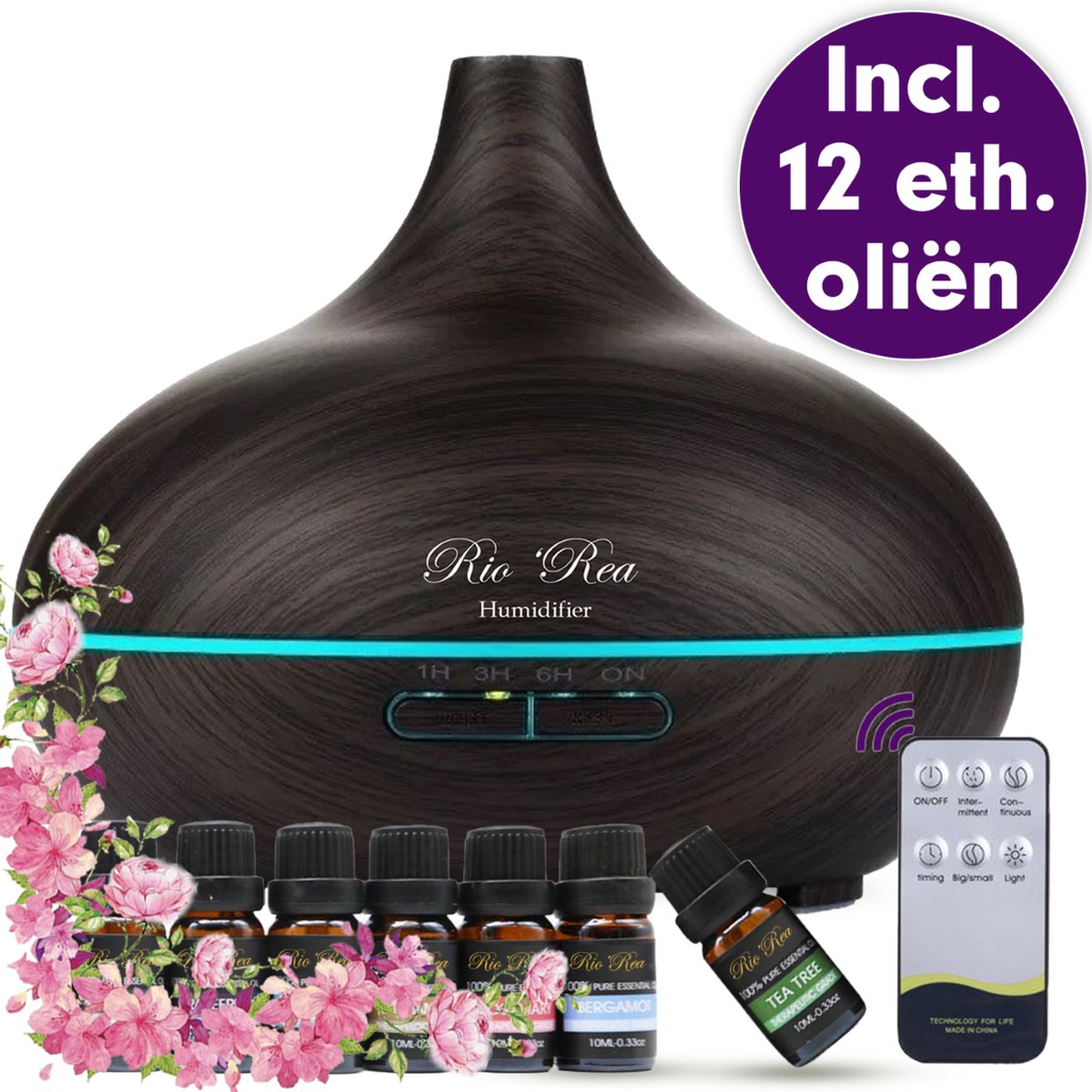 Rio'Rea® Aroma Diffuser 550ml + 12 x 10ml Rio'Rea Etherische Oliën met