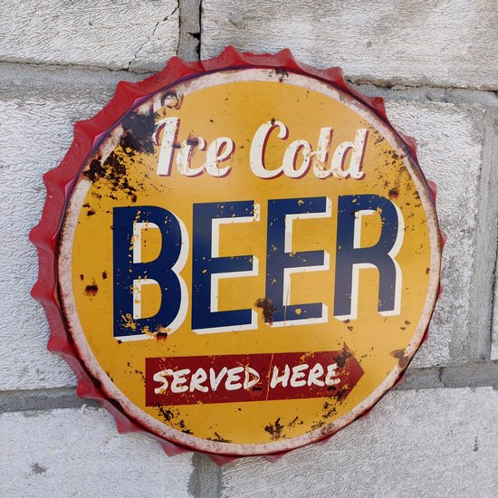 Planche à suspendre en métal pour capsules de bière "Ice Cold Beer Served Here" 35 cm
