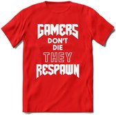 Gamers don't die T-shirt | Rood | Gaming kleding | Grappig game verjaardag cadeau shirt Heren – Dames – Unisex | - Rood - S