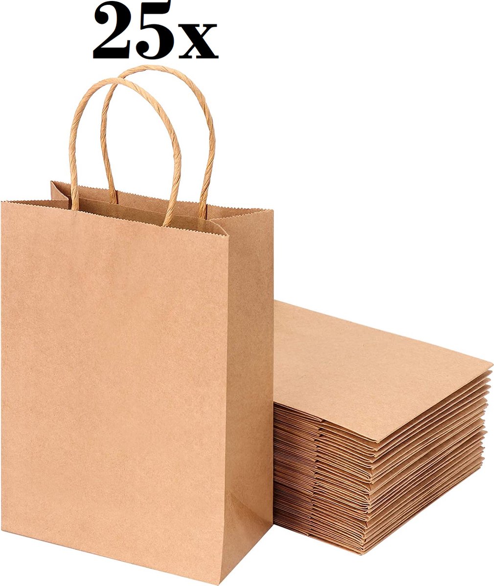 25 x papieren draagtassen Van Bruine Kraftpapier Met Gevlochten Oren 18x8x22cm / papieren tassen Kraft Papieren Tasjes Met Handvat/ Cadeautasjes met gedraaid handgrepen / Zakjes/