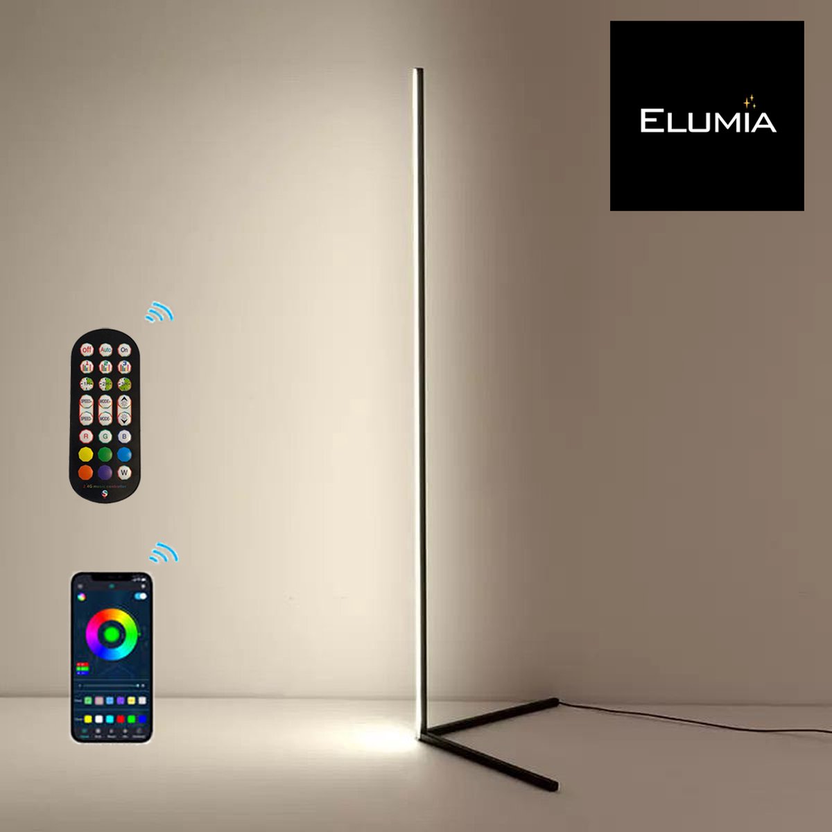 Elumia® Hoeklamp LED 160cm - Vloerlamp - Staanlamp - Lamp - Afstandsbediening - RGB - Wit licht - Warm wit licht - Party light - Mancave - Vloerlampen woonkamer - Smart lamp