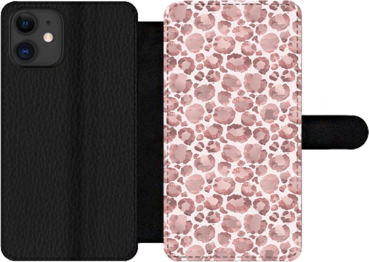 Telefoonhoesje Geschikt voor iPhone 12 Pro Max telefoonhoesje - Panterprint - Roze - Pastel - Luxe - Met vakjes - Wallet case met magneetsluiting