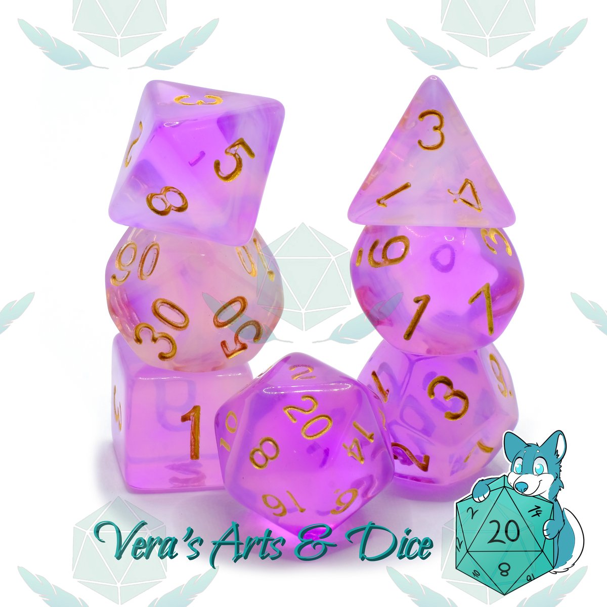 Polyset Dice | Polydice | Paars Wit Glitters Transparant en Goud | Dobbelstenen Set Van 7 Stuks| Voor D&D en Andere Rollenspellen | Plastic Dobbelstenen Set voor Dungeons and Dragons | Polyhedral Dice Set | DnD / D&D / Dungeons and Dragons | Dice Bag