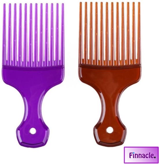 Finnacle - Set van 2 Brede Tanden Afro Haar Krullend Haar Vorken Kam Paars en Bruin Unisex Haar Stijl Krullend Massage Kappers Insert Borstel Haar Styling Tool