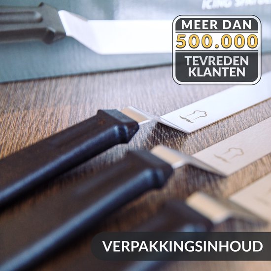 Drie spatels met zwarte handgrepen en een embleem op het blad. "Meer dan 500.000 tevreden klanten".