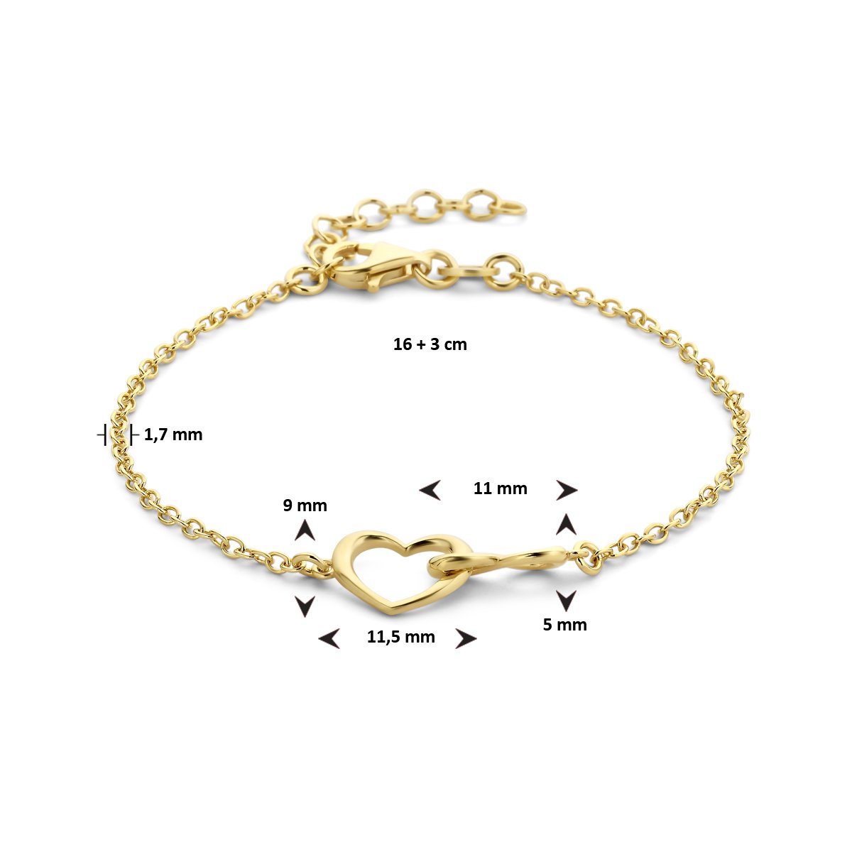Bracelet Nana coeur et infini 1,7 mm 16 + 3 cm 1 micron | bol