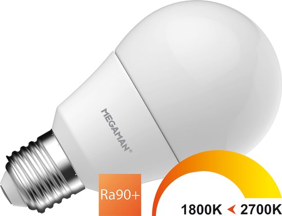Een witte Megaman LED-lamp met schroefdraad en een kleurtemperatuurbereik van 1800K tot 2700K.