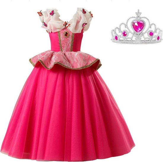 Doornroosje jurk Prinsessen jurk Deluxe verkleedjurk vlinders fel roze + kroon verkleedkleding