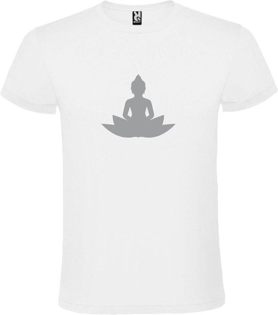 Wit T shirt met print van " Boeddha  op lotusbloem " print Zilver size XXXXL
