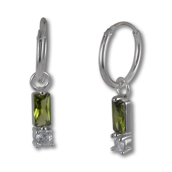 Silventi 9SIL-22274 Boucles d'oreilles d'oreilles créoles en argent avec pendentif - Femme - Zircone - Baquette - 6 x 3 mm - Vert olive - Diamètre 3, 0 mm - Wit - Boucles d'oreilles - 12 x 1,25 mm - Rhodium - Argent