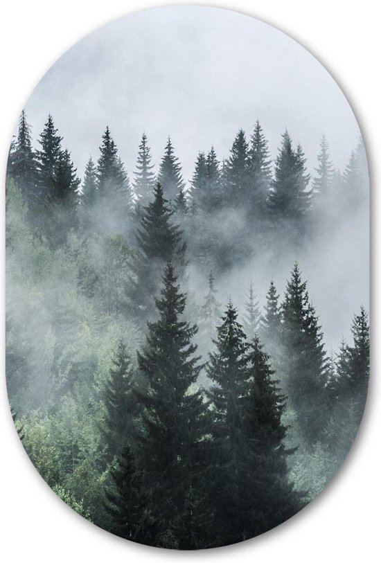 Wandovaal muursticker Misty Forest - WallCatcher | Behangsticker 70x105 cm | Ovalen schilderij | Muurovaal mist tussen de bomen in het bos