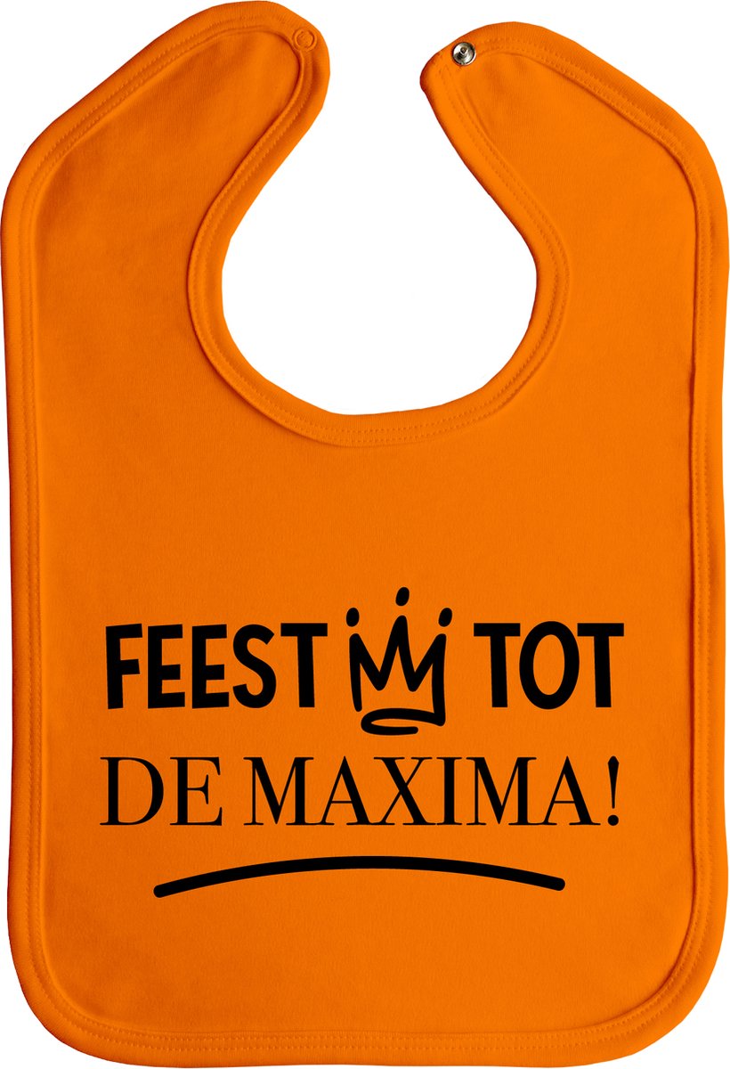 Feest tot de maxima - drukknoop - stuks 1 - oranje - zwart opdruk - koningsdag - king - feest - slabber - slabbetjes - koningsdag kleding - koningsdag accessoires - baby - Hollandse cadeautjes - koningsdag kinderen