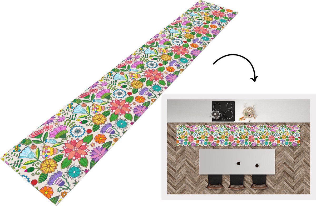 KitchenYeah Keukenloper - Keukenmat - Bloemen - Regenboog - Vlinder - Design - 360x60 cm - Keuken vloerkleed Multicolor