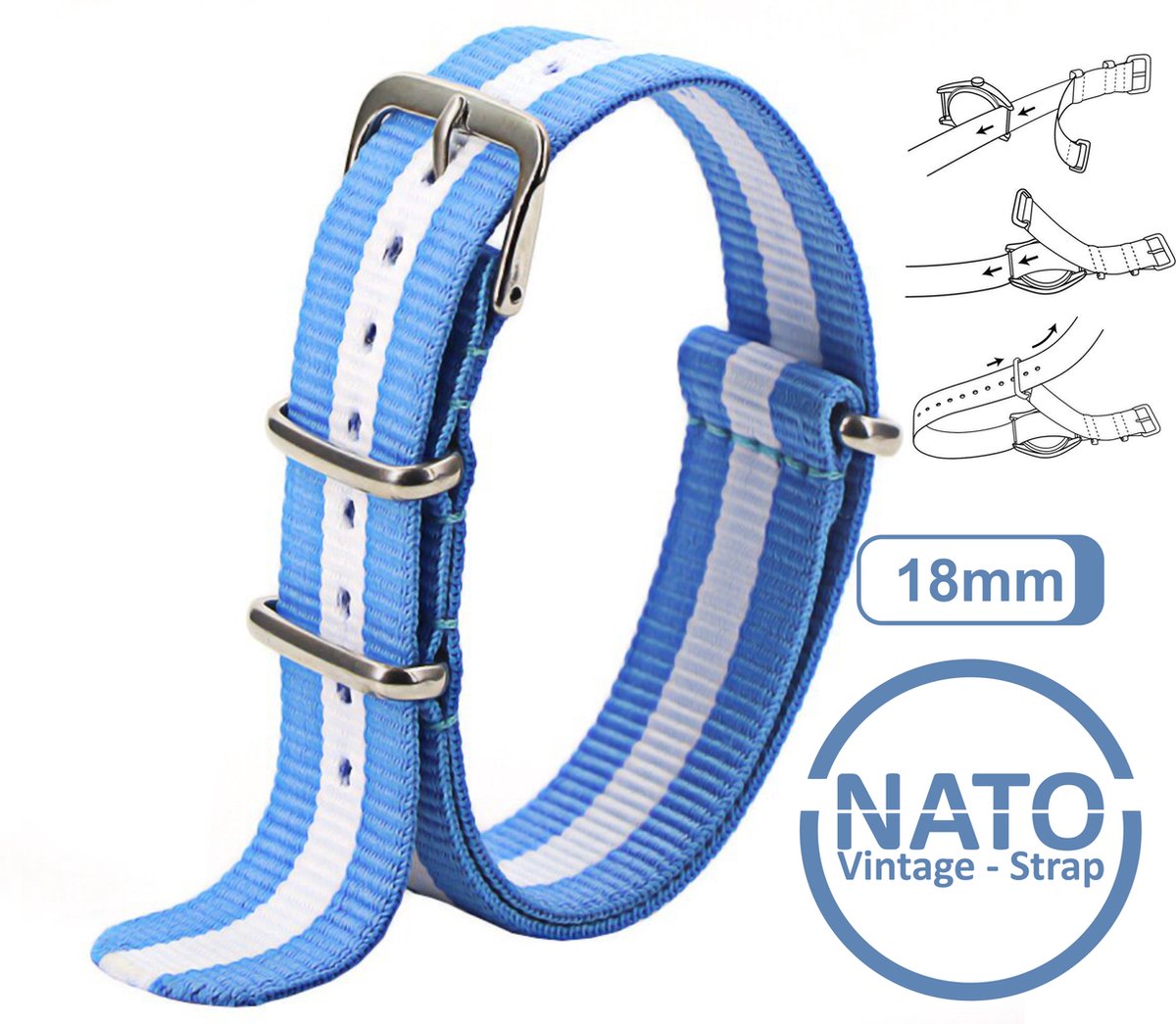 18mm Nato Strap Blauw met Witte streep - Vintage James Bond - Nato Strap collectie - Mannen - Horlogebanden - Blue White - 22 mm bandbreedte voor oa. Seiko Rolex Omega Casio en Citizen